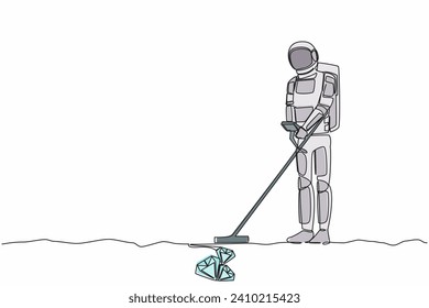 Continuous one line drawing of astronaut with metal detector looking for pile of diamonds. Spaceman hunter finding precious stone. Cosmonaut outer space. Single line graphic design vector illustration