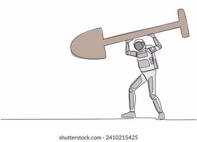 Continuous one line drawing astronaut standing and lifting big shovel. Depicts successful and achievement, in galactic discovery. Cosmonaut outer space. Single line graphic design vector illustration