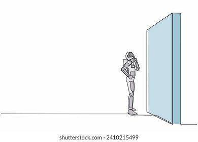 Continuous one line drawing astronaut thinking in front of big obstacle or wall in moon surface. Space expedition evaluation. Cosmonaut outer space. Single line draw graphic design vector illustration