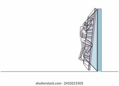 Dibujo continuo de una línea de astronauta trepando la pared con una escalera en la superficie de la luna. Obstáculo comercial de expediciones de nave espacial. Espacio ultraterrestre Cosmonauta. Ilustración vectorial de diseño gráfico de una sola línea