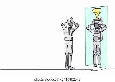 Continuous one line drawing astronaut looking himself happy in mirror reflection with lifting up trophy cup. Success in space exploration. Cosmonaut outer space. Single line design vector illustration