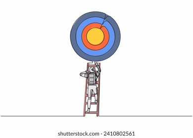 Continuous one line drawing of astronaut rises up stairs to top of target. Achieving spaceship expedition goal. Ladder to the sky. Cosmonaut outer space. Single line graphic design vector illustration