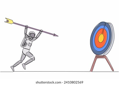 Continuous one line drawing astronaut holding and point big arrow on target. Spaceship interstellar exploration goal achievement. Cosmonaut outer space. Single line graphic design vector illustration