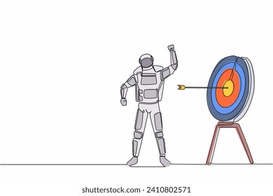 Continuous one line drawing astronaut with fist gesture in front of target board. Successful in complicated wormhole expedition. Cosmonaut outer space. Single line graphic design vector illustration