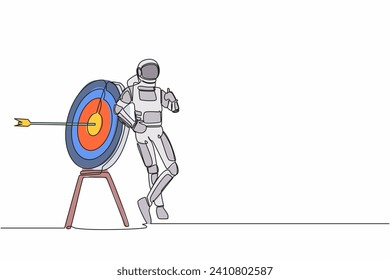 Continuous one line drawing astronaut leaning on target with thumbs up gesture. Happy with successful starship journey expedition. Cosmonaut outer space. Single line graphic design vector illustration