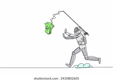 Continuous one line drawing astronaut running chasing bait of banknote from himself. Greedy of collecting money in space industry. Cosmonaut outer space. Single line graphic design vector illustration