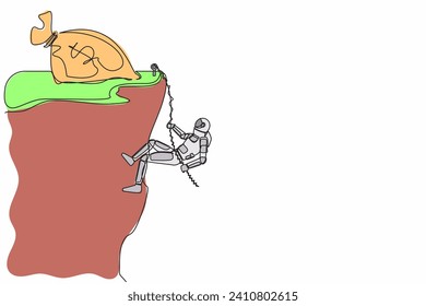 Continuous one line drawing astronaut climbing high cliff using rope toward money bag. Difficulty of finding funding for launch spaceship. Cosmonaut outer space. Single line design vector illustration