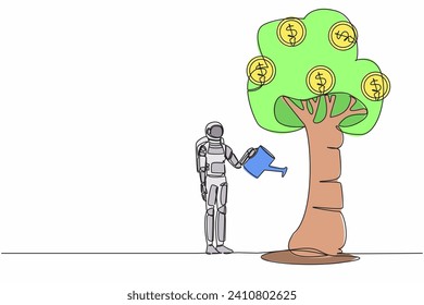 Continuous one line drawing astronaut watering money tree with coin dollar symbol. Profit growth in galactic spaceship industry. Cosmonaut outer space. Single line graphic design vector illustration
