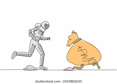 Continuous one line drawing astronaut chasing money bag dollar in moon surface. Trying to achieve spaceship funding in startup industry. Cosmonaut outer space. Single line design vector illustration