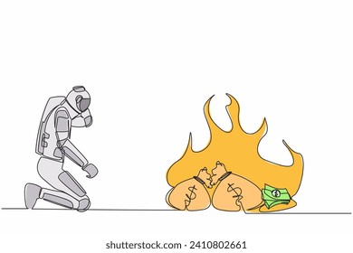 Continuous one line drawing astronaut kneeling and watching money bag burning up. Global financial crisis impacted space industry. Cosmonaut outer space. Single line graphic design vector illustration
