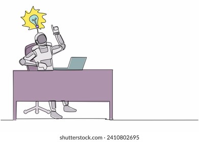 Continuous one line drawing astronaut getting bright new idea while working with laptop on desk. Innovation in moon spacewalk expedition. Cosmonaut outer space. Single line design vector illustration