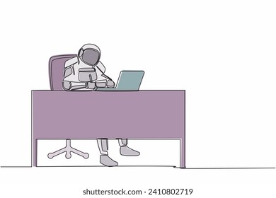 Continuous one line drawing astronaut writing and sitting in front of laptop at working desk. Planning for spaceship expedition. Cosmonaut outer space. Single line graphic design vector illustration
