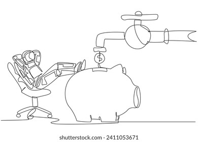 Continuous one line drawing astronaut sit relax on chair to see money faucet flow into savings piggy bank. Donations continue to flow. Cosmonaut deep space. Single line draw design vector illustration