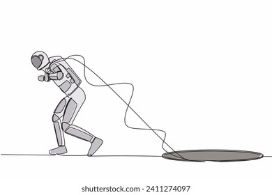 Continuous one line drawing astronaut trying hard pulling rope to drag something from hole, facing space exploration problem. Cosmonaut outer space. Single line draw graphic design vector illustration