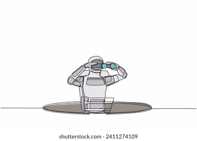 Continuous one line drawing astronaut climb out of the hole by ladder and using binocular. Spaceship business vision and solution. Cosmonaut outer space. Single line graphic design vector illustration