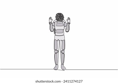 Continuous one line drawing of astronaut with round scribble instead of head, shocked, afraid, scared, terrified, fear expression. Cosmonaut outer space. Single line graphic design vector illustration