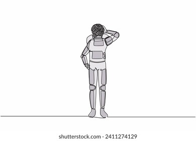 Continuous one line drawing of astronaut with round scribbles instead of head. Doubting spaceman. Memory, searching and thinking. Cosmonaut outer space. Single line graphic design vector illustration