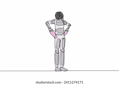 Continuous one line drawing astronaut with round scribbles instead of head. Spaceman with pockets turned outward, having no money. Cosmonaut outer space. Single line graphic design vector illustration