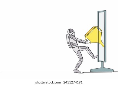 Continuous one line drawing astronaut pulling trophy from monitor screen. Award on winning spaceship exploration competition. Cosmonaut outer space. Single line draw graphic design vector illustration
