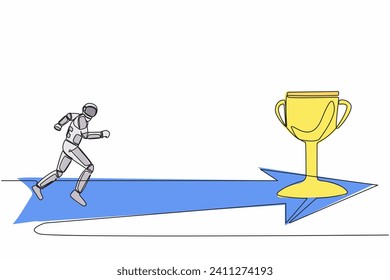 Continuous one line drawing astronaut running to reach golden trophy. Space scientist direction to get intellectual purpose. Cosmonaut outer space. Single line draw graphic design vector illustration