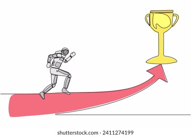 Continuous one line drawing astronaut running on forward arrow to get trophy in moon surface. Race for future starship development. Cosmonaut outer space. Single line draw design vector illustration