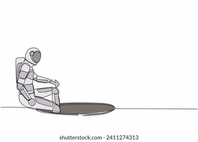 Continuous one line drawing astronaut descends into the hole. Failure to take advantage of spaceship business opportunities. Cosmonaut outer space. Single line draw graphic design vector illustration