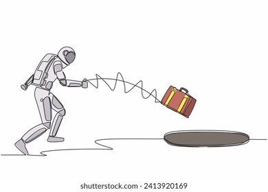 Continuous one line drawing astronaut throws briefcase into hole. Failure to take advantage of space business opportunities. Cosmonaut outer space. Single line draw graphic design vector illustration