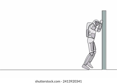 Continuous one line drawing of astronaut depressed with wailing on the wall, crying sad lost opportunity in spacecraft expedition. Cosmonaut outer space. Single line graphic design vector illustration