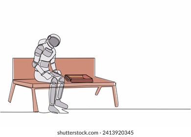 Continuous one line drawing astronaut sitting at bench alone. Suffering from depression, experiences dismissal in spaceship company. Cosmonaut outer space. Single line draw design vector illustration