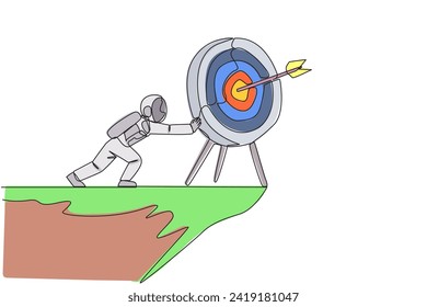Continuous one line drawing astronaut pushes giant arrow board target over the edge of a cliff. Disturbance during the expedition. Not focus. Aero spaceman. Single line draw design vector illustration