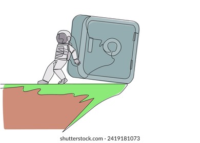 Continuous one line drawing astronaut pushed giant safe deposit box down with his back from the edge of the cliff. Cosmonaut deep space. Galaxy concept. Single line draw design vector illustration