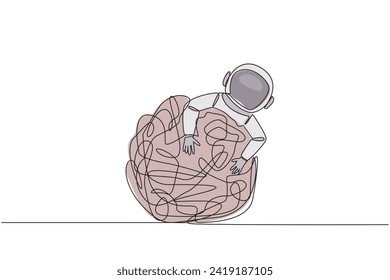 Continuous one line drawing astronaut hugging tangled circle. Trying to get rid of excess anxiety. Calm the mind for the good and smoothness of expedition. Single line draw design vector illustration