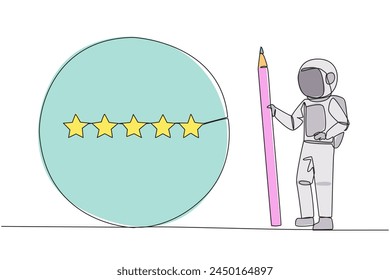 Continuous one line drawing astronaut stand holding large pencil and next to is a large circle encircling all 5 stars. Five star rating positive feedback. Cosmic. Single line draw vector illustration