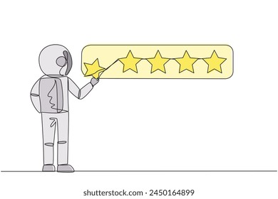 Continuous one line drawing astronaut standing holding 1 star want to make it 5 star array. Satisfied customers give perfect rating. Star rating. Galaxy. Single line draw design vector illustration