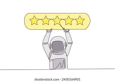 Continuous one line drawing astronaut holding rating board which contains 5 stars. Star rating. Positive review. Online shopping with give 5 rating. Galaxy. Single line draw design vector illustration