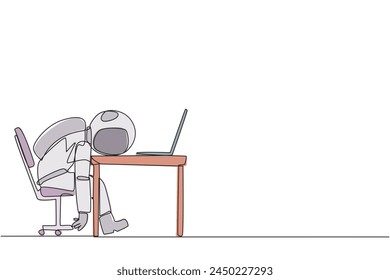 Continuous one line drawing astronaut fell asleep in front of a laptop computer. Fatigue running a business. Mental health problem. Exhausted and bored. Single line draw design vector illustration