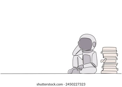 Continuous one line drawing astronaut sitting near piles of work files. Too much work is stressful. Putting off work makes work neglected. Tired. Unhappy. Single line draw design vector illustration