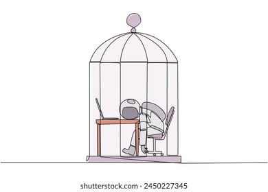 Continuous one line drawing astronaut trapped in the cage asleep on laptop. Tired of repetitive routines. The many deadlines require overtime every day. Single line draw design vector illustration