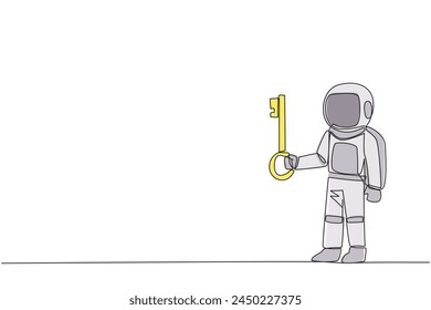 Continuous one line drawing astronaut holding key. Important key to increasing profit has been secured. Ready to become important inheritance for relatives. Single line draw design vector illustration