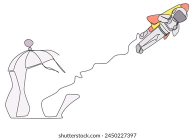 Continuous one line drawing astronaut flying with rocket and breaks the cage. Free from traps. Getting a booster to continue the business. Business soared. Single line draw design vector illustration