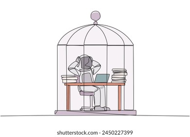 Continuous one line drawing astronaut trapped in cage sitting on office chair holding head. Being in routine trap. Tired and irritated with the daily grind. Single line draw design vector illustration