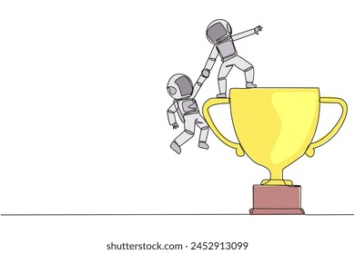 Continuous one line drawing astronaut helps colleague climb the big trophy. Achievement that cannot be achieved without great teamwork. Smart teamwork. Single line draw design vector illustration
