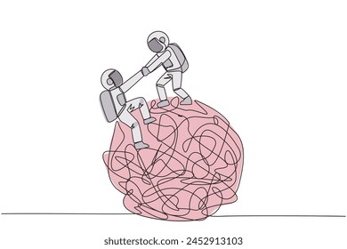 Continuous one line drawing astronaut helps colleague climbs the big heavy messy circle. Teamwork eliminates anxiety. Eliminate stress to focus on business. Single line draw design vector illustration