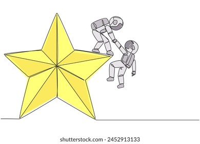 Continuous one line drawing astronaut helps colleague climb big star. Metaphor of achieving dreams of success together. Have a very good career position. Single line draw design vector illustration