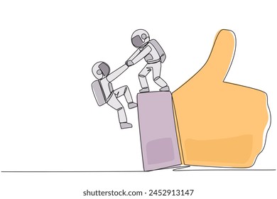 Continuous one line drawing astronaut helps colleague climb big finger gesture thumbs up. Working together towards success. Positive vibes. Cohesiveness. Single line draw design vector illustration