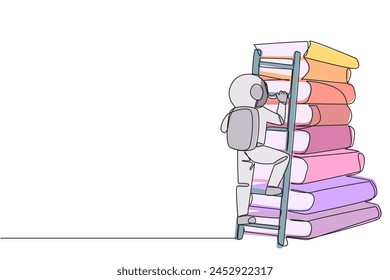 Continuous one line drawing astronaut climbs a large stack of books with a ladder. World window book metaphor. Reading increases knowledge. Cosmonaut. Single line draw design vector illustration