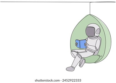Continuous one line drawing astronaut sitting relax in hanging chair reading book. Spending weekend reading the favorite fiction story book. Love reading. Single line draw design vector illustration