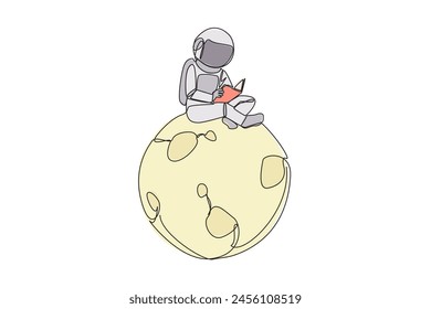 Continuous one line drawing astronaut sitting on the moon reading scientific book. Read note on several places on the moon that must be surveyed. Book fest. Single line draw design vector illustration