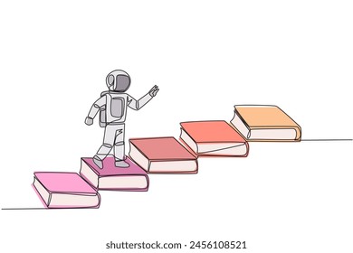 Continuous one line drawing astronaut climb stairs from books. Reading increases knowledge which can increase the dignity of better life. Book festival concept. Single line design vector illustration