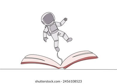 Continuous one line drawing astronaut hovering over an open book. Imagination to be astronaut floating in outer space. Enjoy the storyline. Book festival. Single line draw design vector illustration